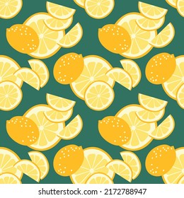 Patrón sin foco con limones sobre un fondo verde. Impresión jugosa para antecedentes, textiles y embalaje. Un aditivo alimenticio para muchos platos que mejora su gusto. Ilustración plana al estilo de las caricaturas.