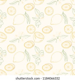 Seamless pattern of lemons on light background. Ripe sweat citrus fruits can be used for wallpaper, textile, wrapping paper or website background. Perfect for textile, posters, banner or menu