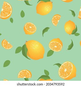 Seamless pattern of lemons on a light green background. Vector illustration