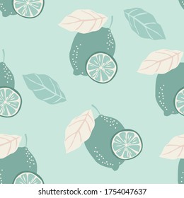 Seamless pattern with lemons on mint green background, vector illustration