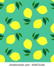 Seamless pattern with lemons on the mint green background. Bright summer design, vector illustration EPS 8. Hand drawn style.