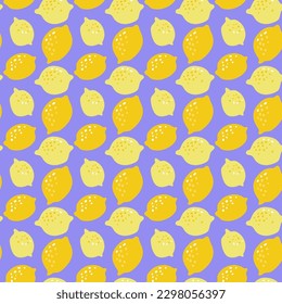 Seamless Pattern with Lemons on a Pale Purple Background. Citrus Ornament