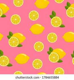 Patrón sin foco con limones en un fondo rosado. Frutas. Alimentos saludables. Para el diseño de textiles, productos de impresión, papel pintado, prendas de vestir, papel envasado y más