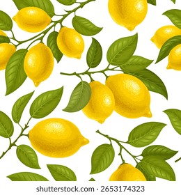 Padrão contínuo com limões nos galhos, motivos mediterrâneos. Ramos de limão com frutos maduros e folhas sobre fundo branco. Ilustração vetorial