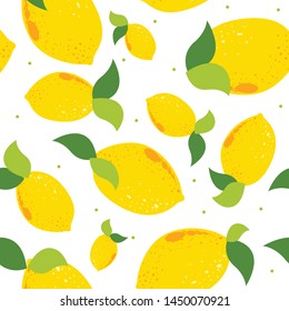 Seamless pattern with lemons on a white background. Yellow lemon. Wrapping paper, banner, poster, print, T-shirt. Vector illustration.