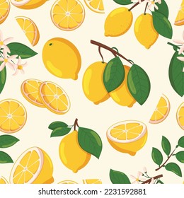 Seamless Pattern with Lemons on White Background. Sliced and Whole Citrus Fruits Blooming Flowers, Branches with Leaves, Pieces and Rings, Textile or Wrapping Paper Design. Cartoon Vector Illustration