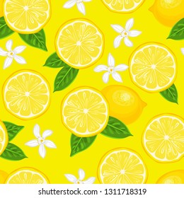 Seamless pattern with lemons on a yellow background. Yellow citruses with green leaves and white flowers in a cartoon flat style.