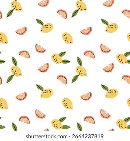 Seamless pattern of lemons and orange slices with green leaves on white background.