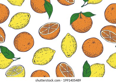 Seamless pattern of lemons and oranges, color, vector