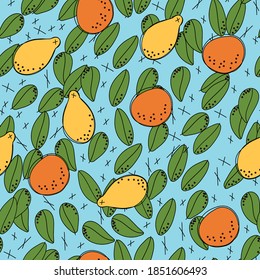 Seamless pattern lemons and oranges illustration on blue background