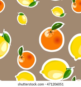 Seamless pattern with lemons and oranges stickers different sizes with leaves on brown background.