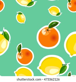 Seamless pattern with lemons and oranges stickers different sizes with leaves on turquoise background.