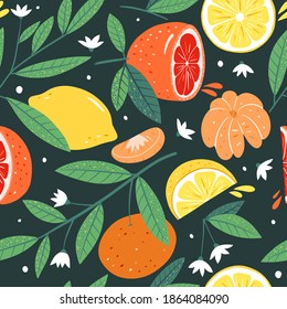 Seamless pattern with lemons, oranges and tangerines. Abstract art print. Modern design for paper, covers, cards, fabrics, interior items and other users. Vector illustration.