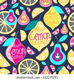 Seamless pattern lemons pears on a blue background