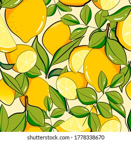 seamless pattern with lemons. print for fabric. poster for advertising. citrus fruits with leaves