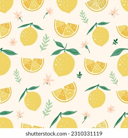 Seamless pattern with lemons and sliced fruits, summer background wallpaper with ripe fruits, vector illustration