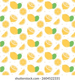 Seamless pattern with lemons, slices and green leaves on a white background. Bright, juicy and fresh design is perfect for textiles, packaging, cards and summer projects.