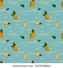 Seamless pattern with lemons, slices and leaves — modern geometric citrus background in retro Mediterranean style