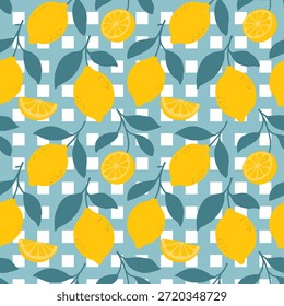 Seamless pattern with lemons, slices and teal leaves on a blue and white checkered background.