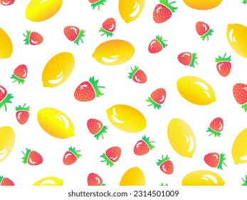 Seamless pattern with lemons and strawberries in 3d style. Summer fruit mix with strawberry and lemon on a white background. Design for print, fabric and poster. Vector illustration