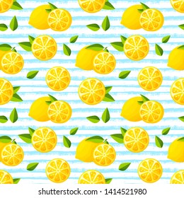 Seamless pattern with lemons. Striped background with citrus fruit and leaves. Vector illustration.