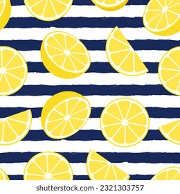 Seamless pattern with lemons and stripes. Vector illustration.