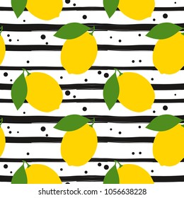 
Seamless pattern with lemons. Summer  background with the yellow lemons and the black stripes. Juicy lemons with the leaves. Vector lemons. Hand drawn background.