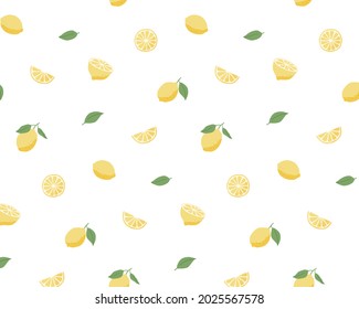 A seamless pattern of lemons.
These illustrations have elements of fruit, citrus, half, cut, food, juicy, etc.