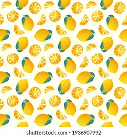 Seamless pattern with lemons. Vector background with juicy citrus fruit and leaves.