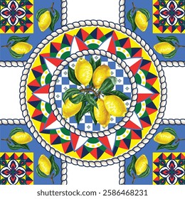 Seamless pattern with lemons and vivid tile ornament. Vector