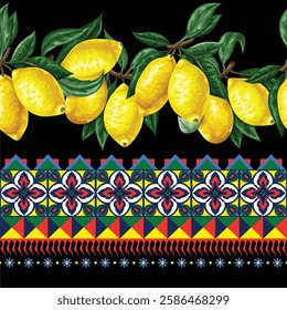 Seamless pattern with lemons and vivid tile ornament. Vector