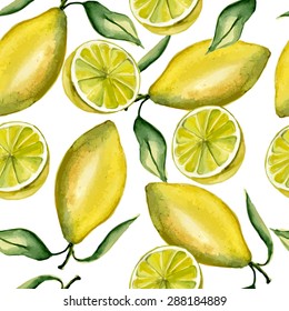 Seamless pattern with lemons. Watercolor hand drawing. Vector illustration