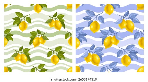 Padrão contínuo com limões e ondas, motivos mediterrâneos. Ramos de limão com frutos maduros e folhas. Desenho do ramo de citrinos. Limões suculentos amarelos pendurados no galho. Ilustração vetorial