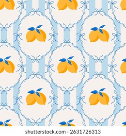 Seamless pattern with lemons in whimsical frames, bows on striped background. Italian vacation aesthetics. Modern trendy vector design for print, fabric, wallpaper, wrapping paper.