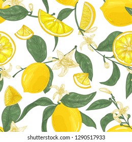 Seamless pattern with lemons, whole and cut into pieces, flowers and leaves on white background. Backdrop with citrus fruits. Natural vector illustration in elegant vintage style for wrapping paper.