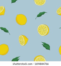 Seamless pattern with lemons. Whole, cut in half fresh lemons and leaves on blue background. Summer vector illustration