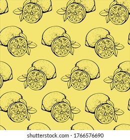 Nahtloses Muster mit Zitronen, ganz und in Scheiben geschnitten, einzeln auf weißem Hintergrund. Hintergrund mit Zitrusfrüchten. Botanische Vektorgrafik im grafischen Stil. Sommerdesign für den Stoffdruck