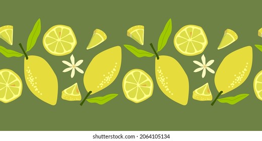 Seamless Pattern with lemons whole and sliced. Border template. For printing wrapping paper, packaging, fabric. Hand Drawn vector illustration.