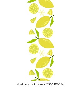 Seamless Pattern with lemons whole and sliced. Border template. For printing wrapping paper, packaging, fabric. Hand Drawn vector illustration.