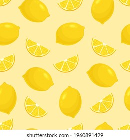Seamless pattern with lemons. Yellow citrus slices on a striped background. Citrus fruit. For wrapping paper and fabric prints. Vector stock illustration.