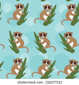 Seamless pattern lemur on green branch on blue background. vector