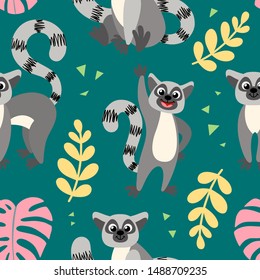 Seamless pattern with lemurs. Animals in cartoon style for kids, children's books and games, print. Tropical animals and palm leaves for decoration, background, design.