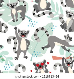 Seamless pattern with lemurs. Animals in cartoon style for kids, children's books and games, print. Tropical animals and palm leaves for decoration, background, design.