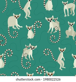 Seamless pattern with lemurs. Exotic cute animals of madagascar and africa. Vector illustration in flat style