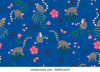 Seamless pattern with lemurs and flora elements. Vector graphics.