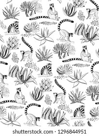 Seamless pattern from lemurs and plants. Hand-drawn with ink and pen.