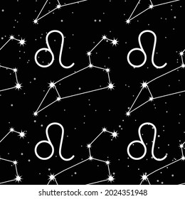 patrón sin fisuras con constelación de Leo, letras manuscritas y signos de zodiaco. Para su embalaje, tela y decoración de productos.