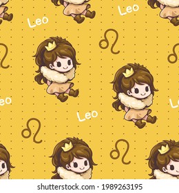 Seamless pattern leo zodiac cartoon. lion, animal. Cute character cartoon. Can be arranged in a row, left-right, top-bottom, seamlessly.