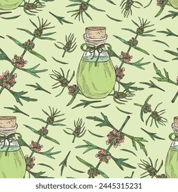 Seamless pattern with leonurus japonicus: motherwort Japanese plant, leaves and leonurus japonicus flowers and bottle of motherwort essential oil. Motherwort Japanese. Hand drawn