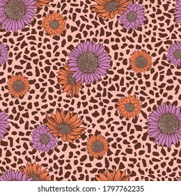 Seamless pattern leopard animal abstract geometric with pink coral sunflower print pattern design